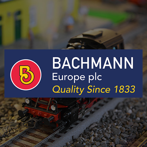 Bachmann logo displayed on a model train layout highlighting quality model trains since 1833