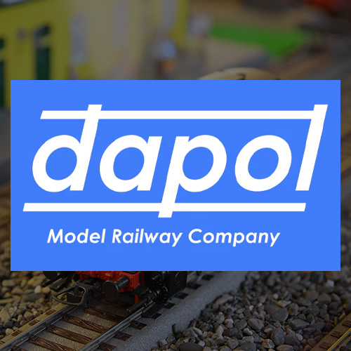 Dapol Model Railway Company logo on a railway track with miniature train features showcasing model trains and accessories related to seven unique railway themes