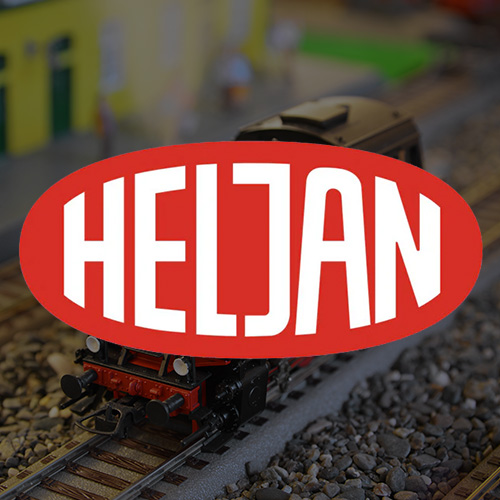 Heljan logo on model train track with miniature locomotive and railway scenery showcasing ten model train features