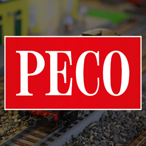 PECO logo displayed on a model railway background showcasing train tracks and miniature landscape with emphasis on 9 model railway products