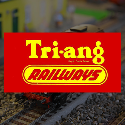 Triang Railways logo displayed on a model train layout surrounded by miniature scenery featuring tracks and a detailed background showcasing eight model trains in action